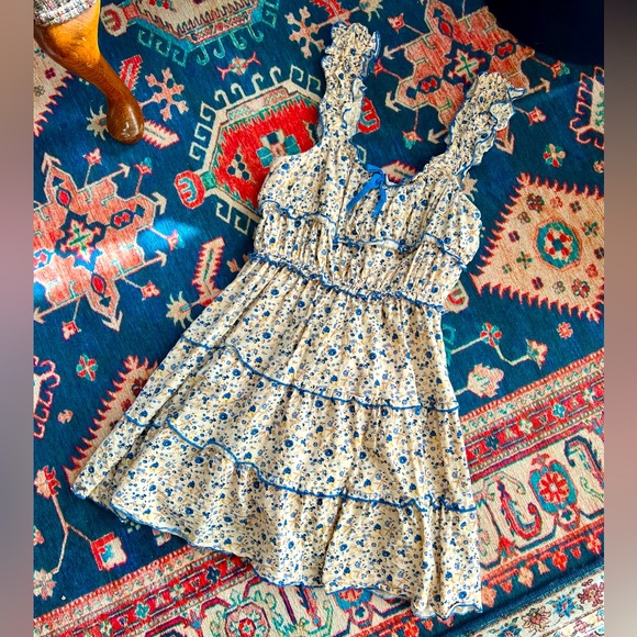 japana Dresses & Skirts - NWOT Japana cottagecore blue cream floral tiered a-line rouched mini dress, sz M